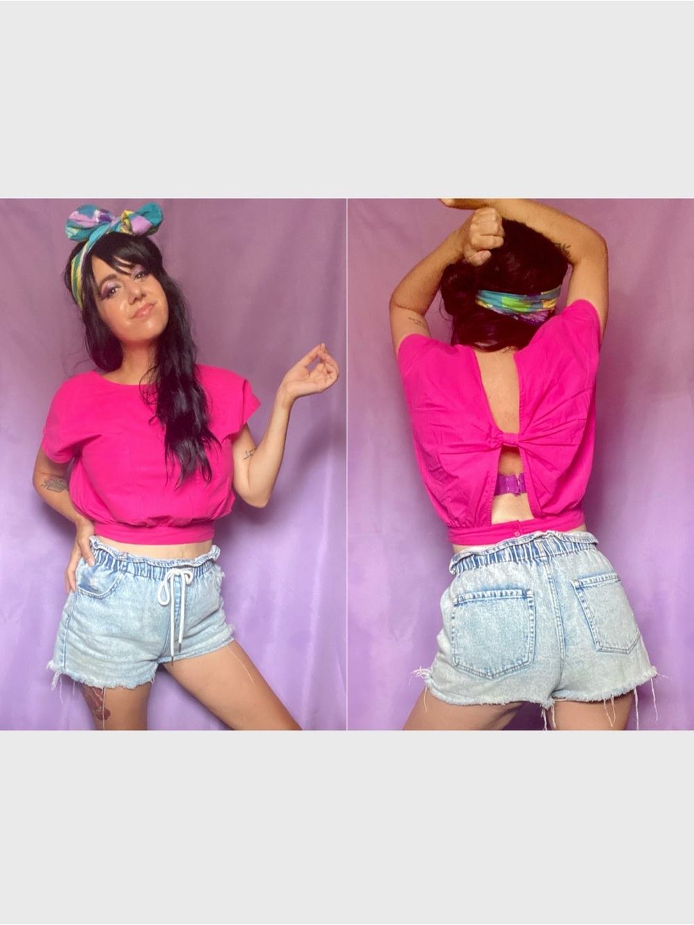 Vintage 80s Hot Pink Cut Out Open Twist Back Cotton Crop Top